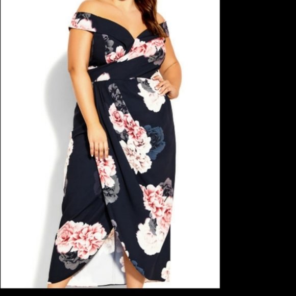 18 Plus size City Chic Floral Tulip Hem Off the Shoulder Dress Black/Pink.  Size - Picture 8 of 8